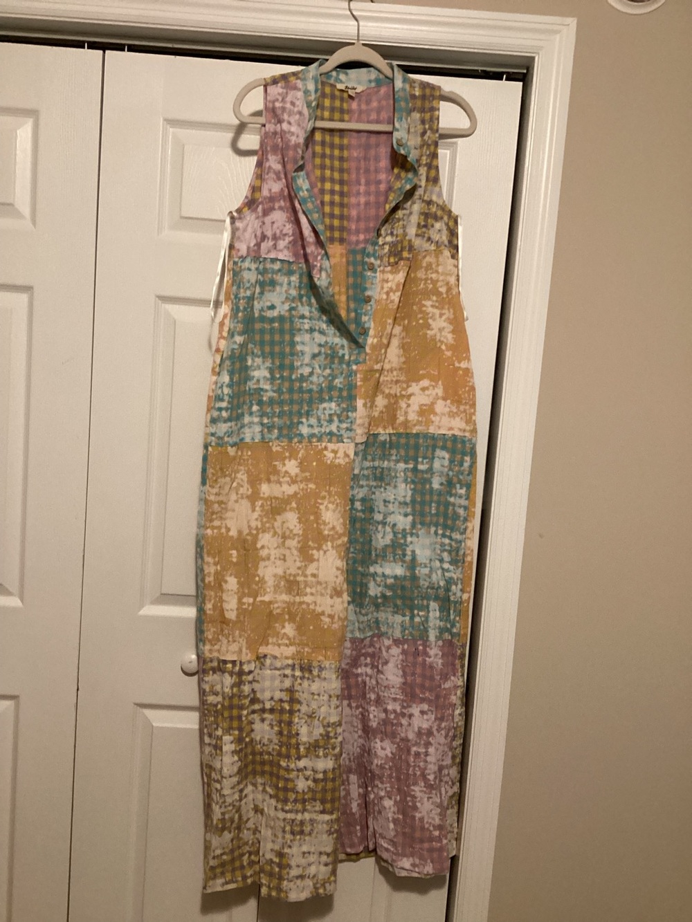 Sleeveless Patchwork Maxi Jumpsuit in Teal, Mustard & Lavender